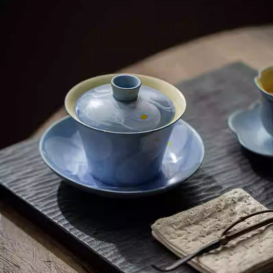[Porcelain]Wabi-sabi Style Powder-painted Starry Sea Pattern Stoneware Gaiwan 100ml Chaliland
