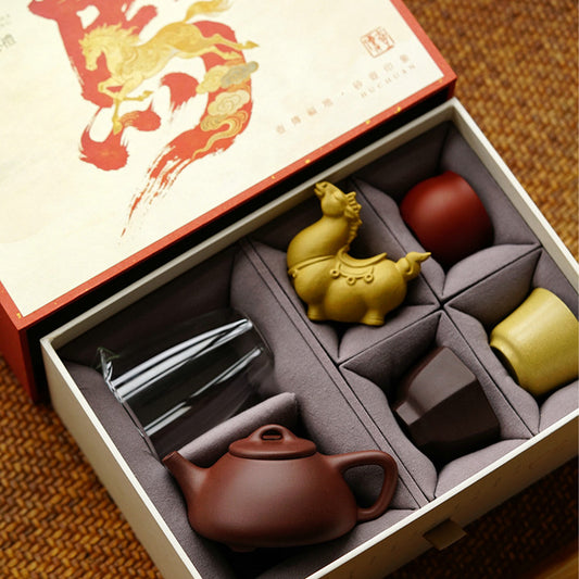 Ziye Stone Ladle Teapot, Three Cups, One Fair Cube, One Tea Pet, Year of the Horse Gift Box